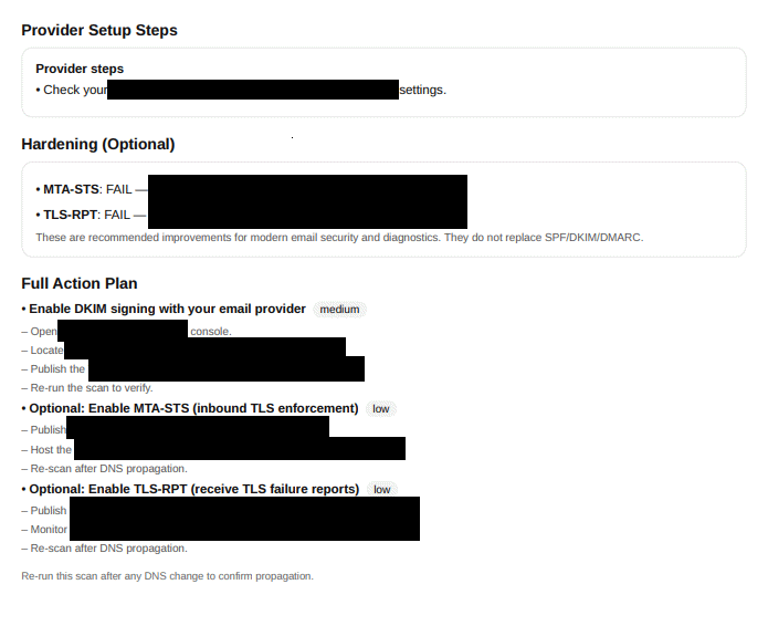 Anonymized report action plan showing provider setup steps, hardening status and prioritized actions.